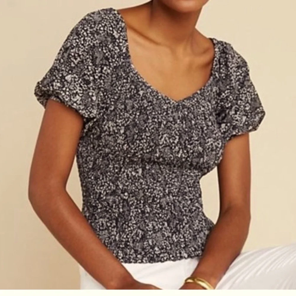 Anthropologie smocked top balloon sleeve scoop neck black print Aurelia XS